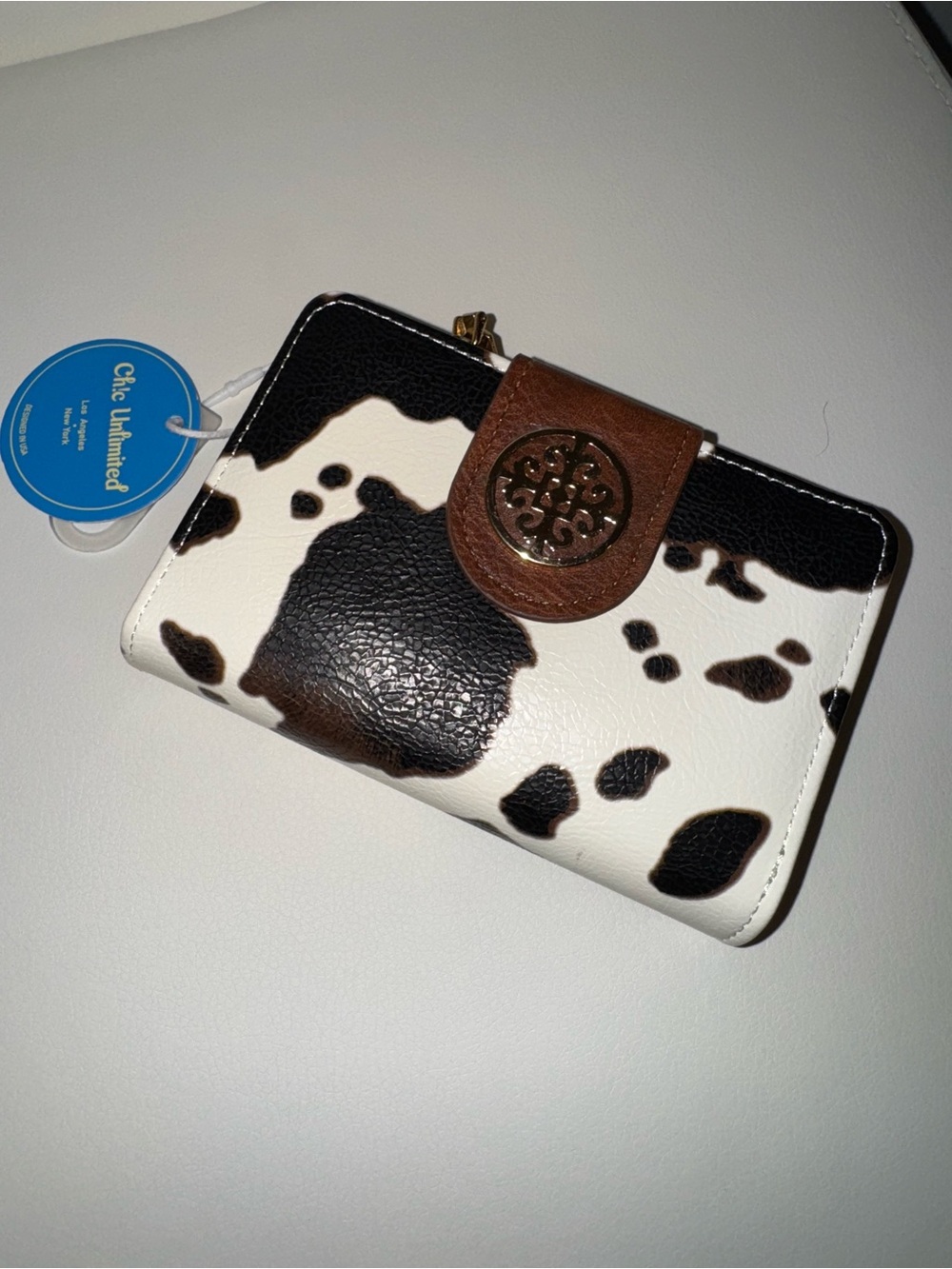 Cowhide-Print Small Wallet with Brown Accent